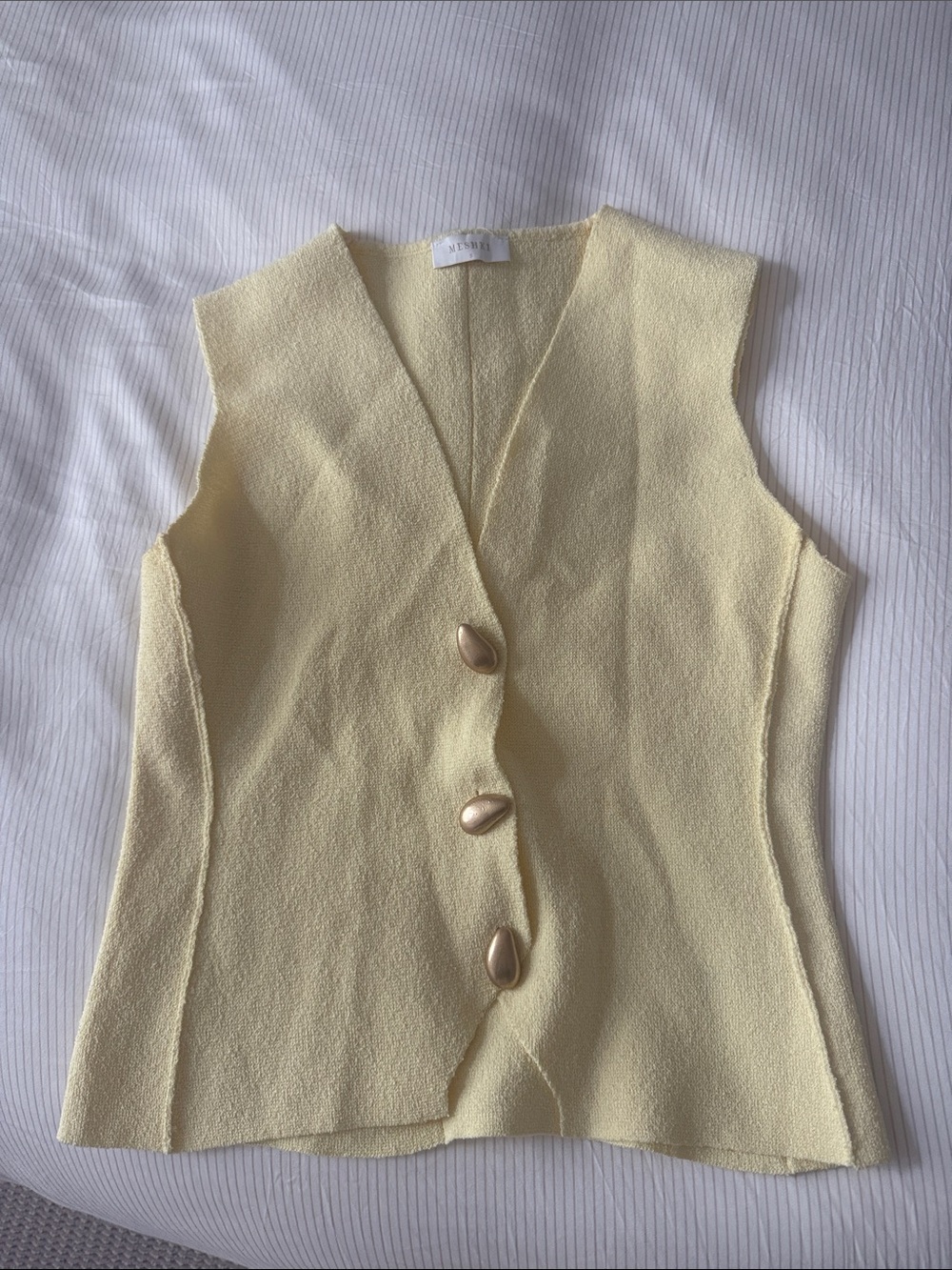 Meshki Pale Yellow Textured Sleeveless Button Vest